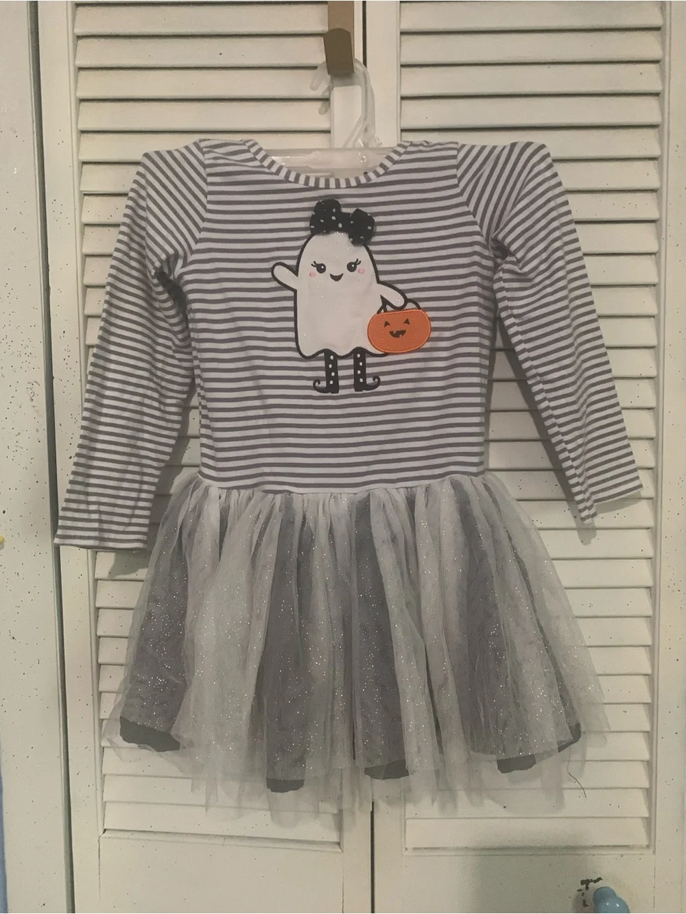 Gray & White Striped Ghost Tulle Halloween Dress for Kids Counting Daisies